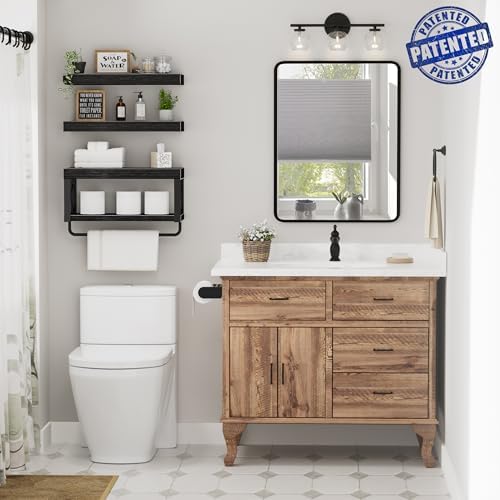 QEEIG Bathroom Shelves Over Toilet - Floating Shelf for Wall Toilet Paper Storage Farmhouse 16 inch Set of 3, Black (029-40B3) - Image 2
