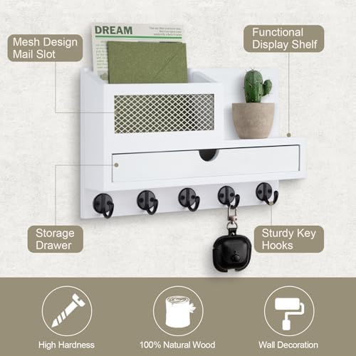 Key Holder for Wall with 5 Key Hooks and Storage Drawer - Image 2