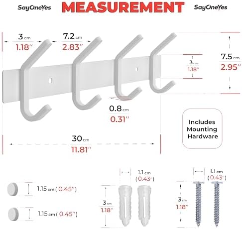 White Coat Rack Wall Mount – 12 Inch Stainless Steel Hook Rail with 4 Heavy Duty Double Coat Hooks – Wall Mounted Coat Hanger for Entryway, Bathroom, Bedroom, Towel, Hat Organizer - Image 2