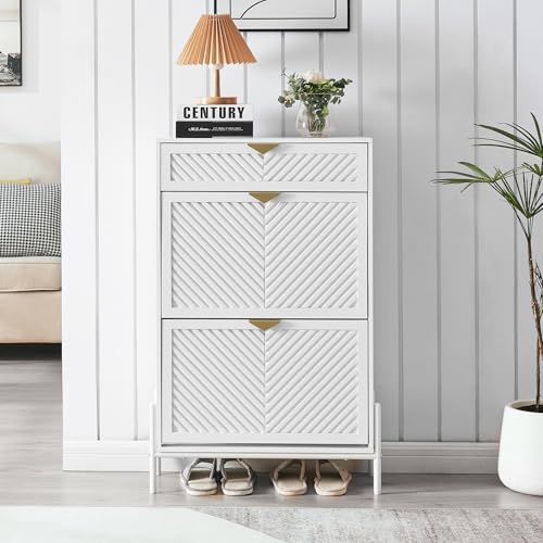 Shoe Cabinet with 2 Flip Drawers, Narrow Entryway Rack, White - Image 5