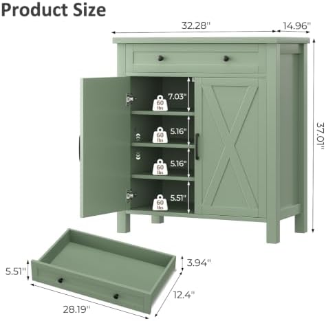 Farmhouse Shoe Storage Cabinet, 5-Tier High Boots Organizer with Adjustable Shelves, Large Drawer & Barn Doors, Entryway Shoe Rack for Hallway Living Room, Green - Image 2