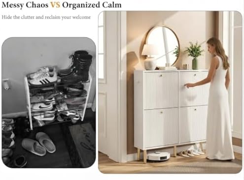 Nicetree White Shoe Cabinet for Entryway, 4 Flip Drawers Shoe Storage Cabinet with Tiered Fluted Design, Slim Narrow Shoe Rack for Small Spaces, 9.5" Deep Shoe Organizer with Metal Legs - Image 4