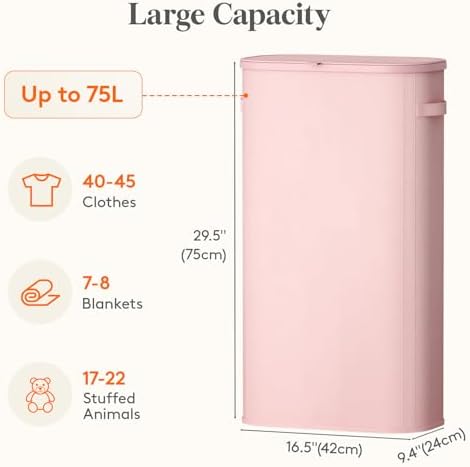 Lifewit Slim Laundry Basket with Lid and Removable Bag, 75L, Pink - Image 3