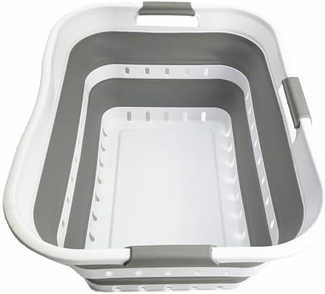 SAMMART 42L (11 gallon) Collapsible Plastic Laundry Basket - Foldable Pop Up Storage Container/Organizer - Space Saving Hamper/Basket (1, Grey/White) by SAMMART