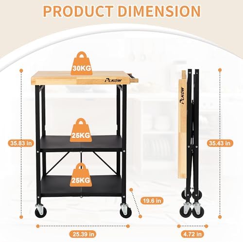 PLKOW Foldable 3-Tier Rolling Kitchen Cart with Solid Oak Top, Black - Image 6