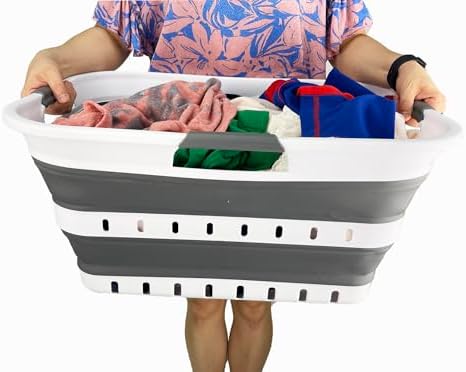 SAMMART Collapsible Plastic Rectangular Laundry Basket - Foldable Pop Up Storage Container/Organizer - Portable Laundry Hamper - Space Saving (White/Steel Grey, 42L) - Image 5