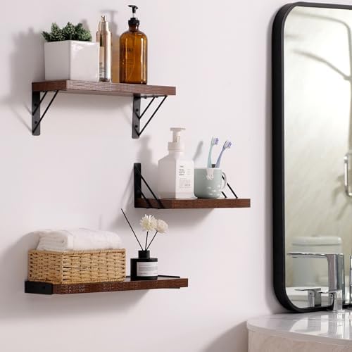 BAYKA Wall Shelves for Bedroom Decor, Wood, Rustic Brown, Set of 3, 16in - Image 2