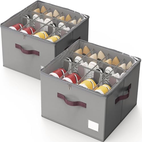 Criusia Shoe Organizer for Closet, 2 Pack Shoe Organizer with Transparent Cover and Sturdy Handles, Closet Shoe Storage for Sneakers Sandals Slippers, Fit 12-16 Pairs, Gray by Criusia