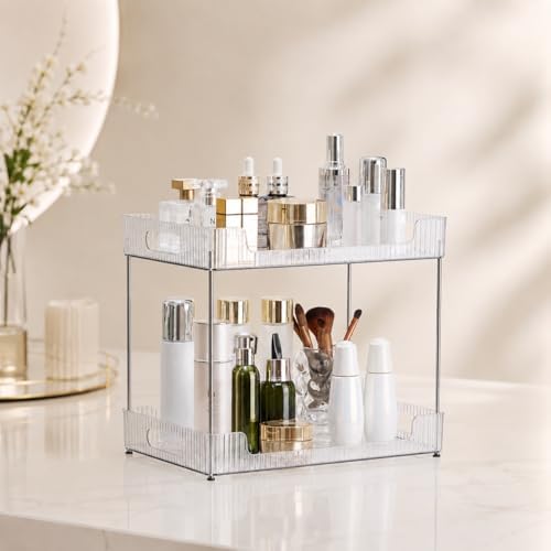 Goderewild 2-Tier Bathroom Counter Organizer, Multi-Purpose Cosmetics Skincare Shelf, Fits A4 Size Makeup Organizer for Office and Vanity Tray, Countertop Storage Solution for Kitchen,Bath.(Clear) by Goderewild