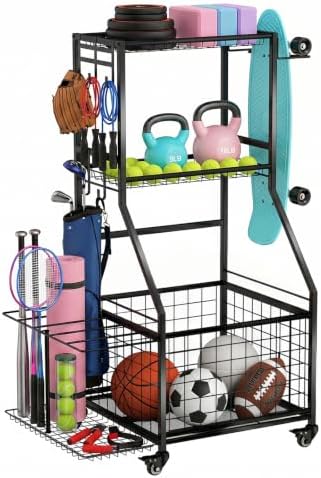 Sports Equipment Organizer,3-Tier Rolling Ball Storage with Wheels by Unknown