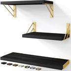 BAYKA Wall Shelves for Bedroom Decor, Wood, Black Gold, Set of 3, 16in by Bayka