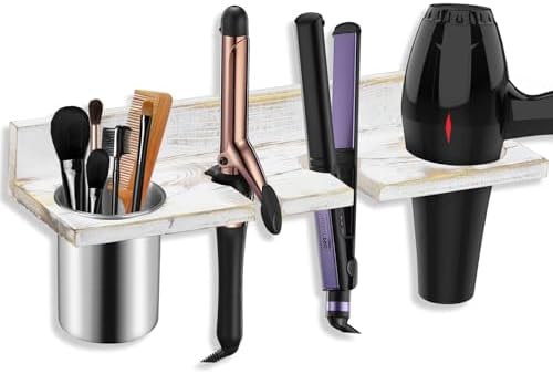 Hair Tool Organizer Wall Mounted, Sturdy Pine Wood Construction, Removable Stainless Steel Cup, Holds Hair Dryers, Straighteners, Curling Irons, Brushes, and More, White by SeashpeaHome