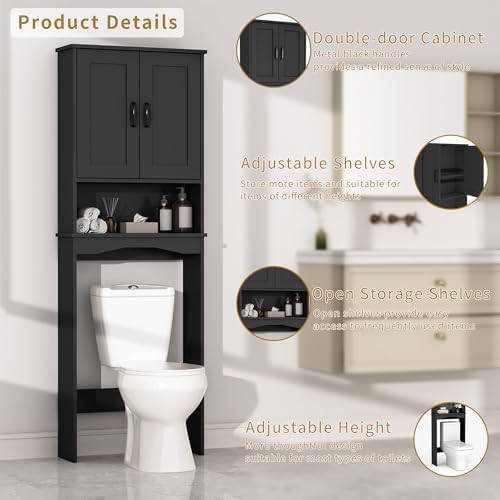 ROOMTEC Over The Toilet Storage Cabinet with Adjustable Shelf and Double Doors, Freestanding Bathroom Cabinet Organizer with Open Shelf, Home Space-Saving Toilet Rack for Restroom, Laundry, Black - Image 4