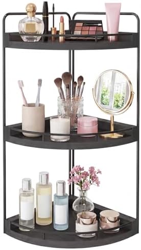Fixwal 3 Tier Corner Bathroom Countertop Organizer Vanity Wood Shelf Black by Fixwal