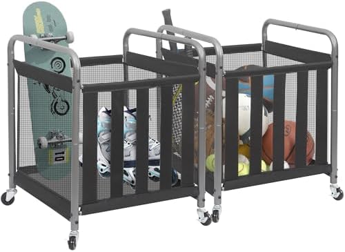 STORAGE MANIAC Ball Storage Bin Rolling Sports Ball Cart, Metal Garage Organizer Sport Rack Basketball Storage Cage for Garage or Gym, Indoor & Outdoor Sports Equipment Organizer by STORAGEMANIAC