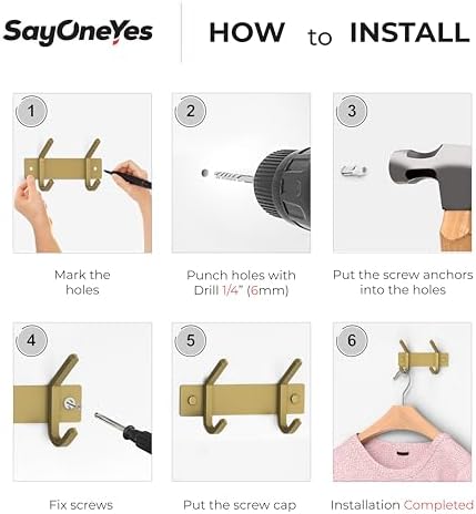 Brushed Gold Small Coat Rack Wall Mount – 6 Inch Stainless Steel Rail with 2 Double Coat Hooks for Entryway, Bathroom, Bedroom, Kitchen – Modern Gold Hook Rack for Coats, Hats, Towels - Image 7