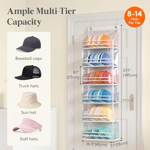 Lifewit 6 Tier Clear Over the Door Hat Rack, Baseball Caps Organizer, White - Image 3