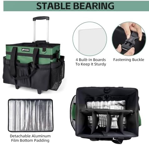 Large Rolling Cleaning Caddy Bag with Wheels, Cleaning Bag with Detachable Trolley, Cleaning Bags on Wheels for Housekeepers, Cleaning Cart Supplies Organizer for Home, Car, Picnic (Green) - Image 2