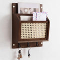 Rattan Mail and Key Holder Wall Mounted, Wood Magazine Mail Sorter Rack Wall Organizer with 2 Slots 3 Hooks for Coat, Dog Leash, Decorative Key Rack for Entryway,Living Room (Dark Brown) by Unknown