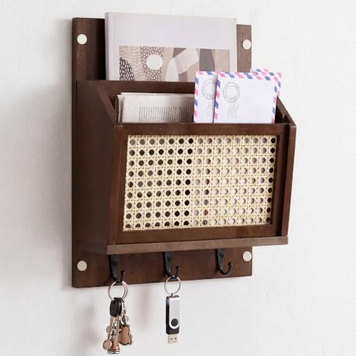 Rattan Mail and Key Holder Wall Mounted, Wood Magazine Mail Sorter Rack Wall Organizer with 2 Slots 3 Hooks for Coat, Dog Leash, Decorative Key Rack for Entryway,Living Room (Dark Brown) by Unknown