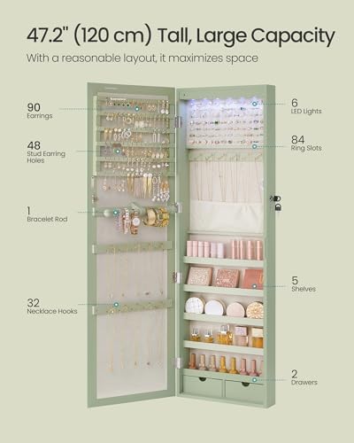 SONGMICS 6 LEDs Mirror Jewelry Cabinet, 47.2-Inch Tall, Lockable - Image 4