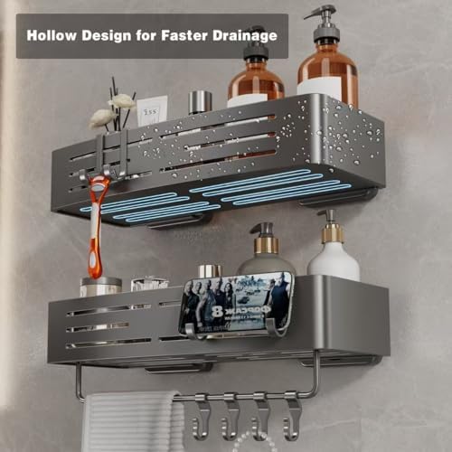 Voldra Shower Caddy Suction Cup, 1 Pack Shower Shelves for Inside Shower No Drilling, Aluminum Suction Showers Organizer with Towel Bar & Hooks Removable Bathroom Shelf Storage Rack(Gray) - Image 3