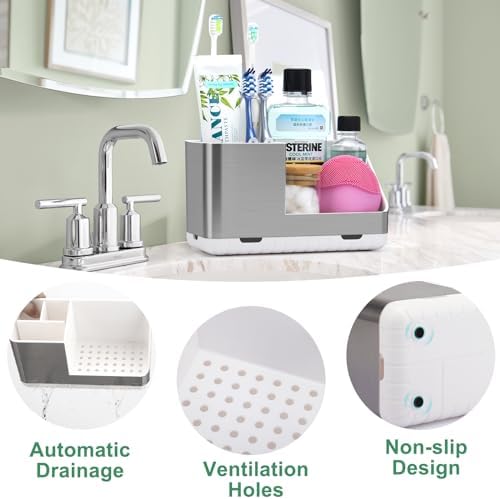 Toothbrush Holders for Bathroom Countertop Organizer (Brushed Silver Grain) - Image 3