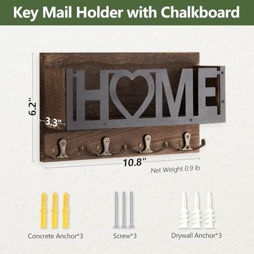 Wall Mount Mail and Key Holder, Wooden Mail Organizer with 4 Double Hooks, Black Metal Letters, Farmhouse Home Decor, Entryway Storage, 10.8 x 3.3 x 6.2 Inches - Image 6