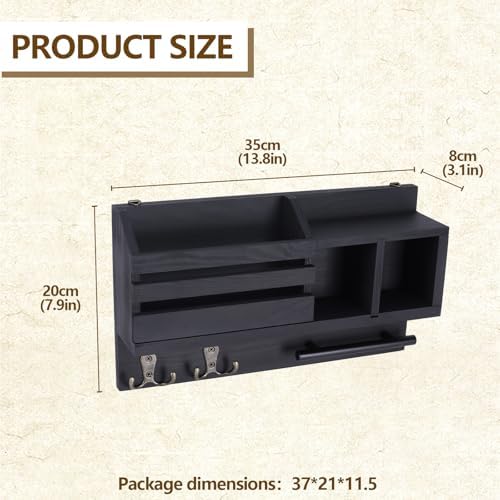 Key and Mail Holder Wall Mount, Wooden Entryway Organizer with 2 Hooks & Shelf, Compact Key Rack for Wall with Mail Organizer & Sunglasses Bar, Black Finish for Mudroom Hallway Decor - Image 4