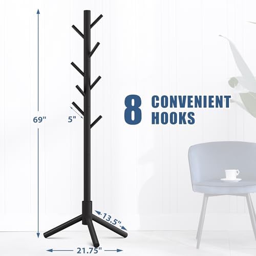 Wooden Coat Rack Free Standing with 8 Hooks 3 Adjustable Coat Tree,2 PCS - Image 2