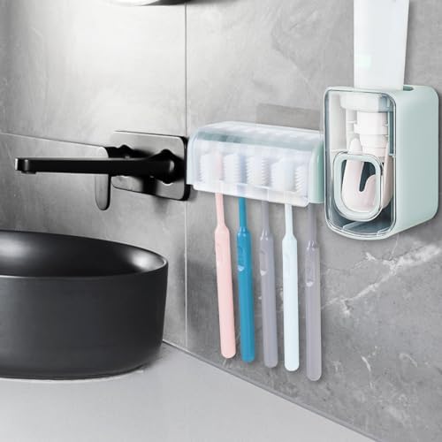 5 Slots Wall Mount Toothbrush Holder with Cover, Self Adhesive Toothbrush Storage Organizer for Shower, Toothbrush Hanger with Automatic Toothpaste Squeezer Dispenser (Blue) - Image 5
