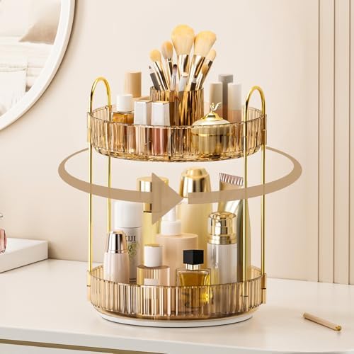 360° Rotating Makeup Organizer, Upgraded 2 Tier Skincare Perfume Organizers for Women, Bathroom Organizer Countertop, Clear Cosmetic Dresser Organizer with Makeup Brush Holder, Sink&Counter(Amber) by Homelifeassistant