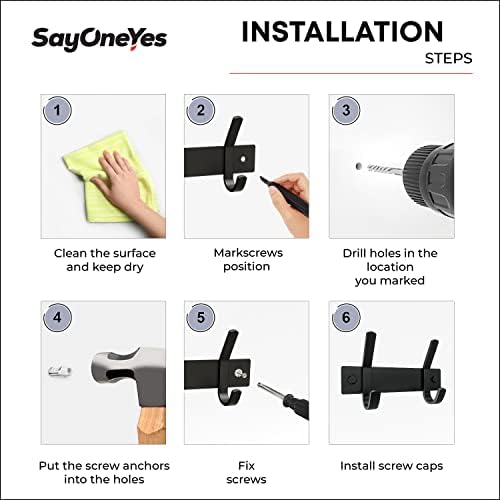 Coat Rack Wall Mount – 6 Inch Stainless Steel Small Hook Rail with 2 Double Coat Hooks for Hanging – Wall Mounted Entryway Organizer for Coats, Hats, Bags, Towels, Robes, Bedroom or Bathroom - Black - Image 6