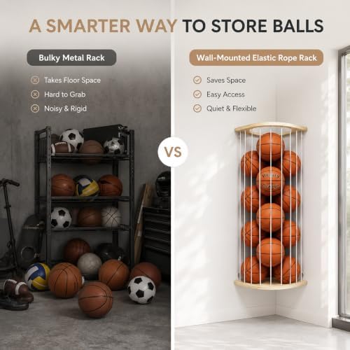 Garage Ball Storage Rack with Wood Frame, Wall Mount Corner Organizer - Image 5