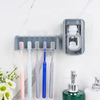 5 Slots Wall Mount Toothbrush Holder with Cover, Self Adhesive Toothbrush Storage Organizer for Shower, Toothbrush Hanger with Automatic Toothpaste Squeezer Dispenser (Grey) - Image 3