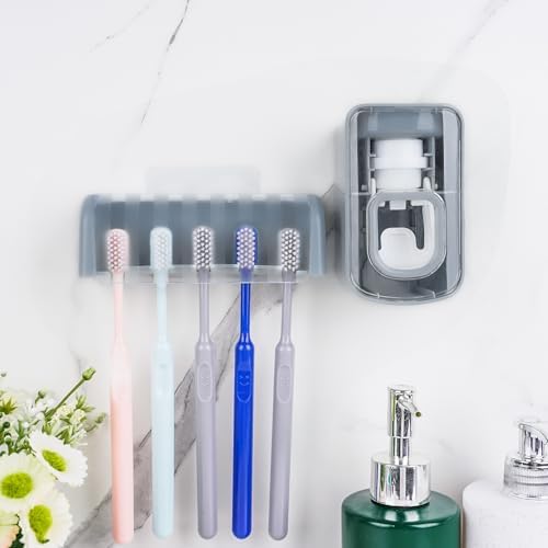 5 Slots Wall Mount Toothbrush Holder with Cover, Self Adhesive Toothbrush Storage Organizer for Shower, Toothbrush Hanger with Automatic Toothpaste Squeezer Dispenser (Grey) - Image 3