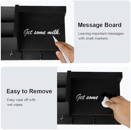 Key Holder for Wall Decorative, Wooden Mail Holder Wall Mount Organizer, Key and Mail Rack Key Hooks with Chalkboard and 2pcs White Pens for Home Entryway Hallway Doorway(Black) - Image 5