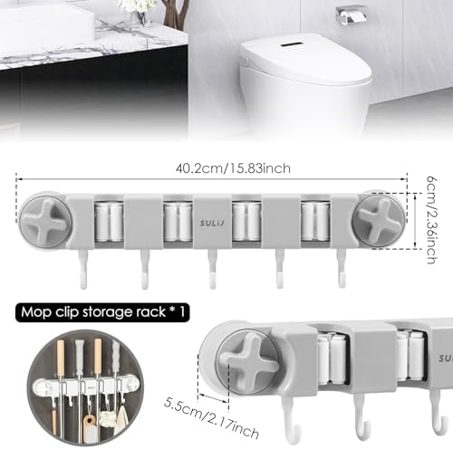 Broom Holder Wall Mount Sturdy Mop and Broom Organizer with 4 Racks and 5 Hooks Vacuum Suction Cup Broom Mop Holder for Home, kitchen, Garden, Tools, Garage (grey) - Image 3