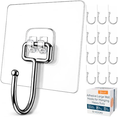 Adhesive Large Wall Hooks for Hanging Heavy Duty No Drill, 22 lbs, 12 pcs by GLUIT