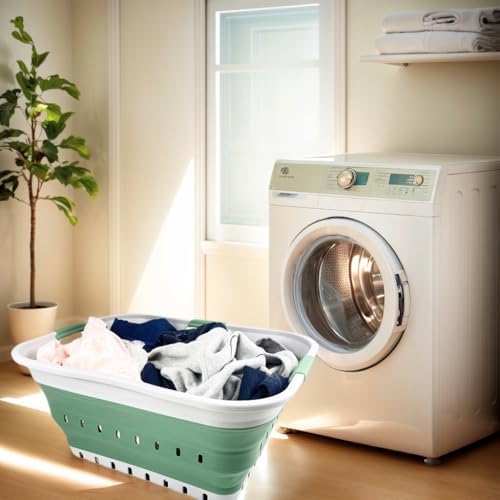 SAMMART 42L (11 gallon) Collapsible Plastic Laundry Basket - Foldable Pop Up Storage Container/Organizer - Portable Washing Tub - Space Saving Hamper/Basket (Grey/Dark Sea Green) - Image 2