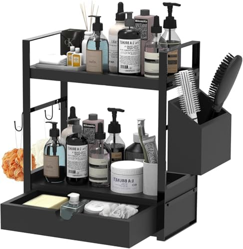 2-Tired Bathroom Counter Organizers and Storage, Coffee Bar Organizer with Drawer, Solid Wood Skincare Perfume Organizer for Vanity Kitchen Corner Shelf Office Countertop (Black) by Unknown