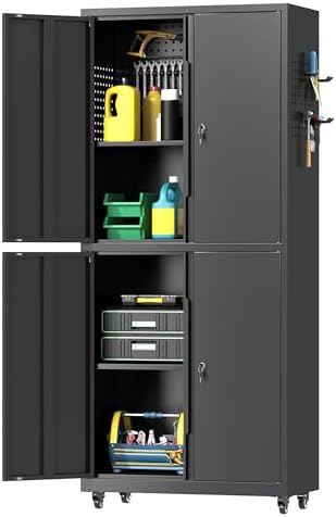 71" H Metal Tool Storage Cabinet with Lock and Wheels, Heavy Duty Garage Cabinet with 4 Doors and 2 Adjustable Shelves, Tool Organizer with Pegboard for Garage, Warehouse(Black, 71" H) by Firstsky