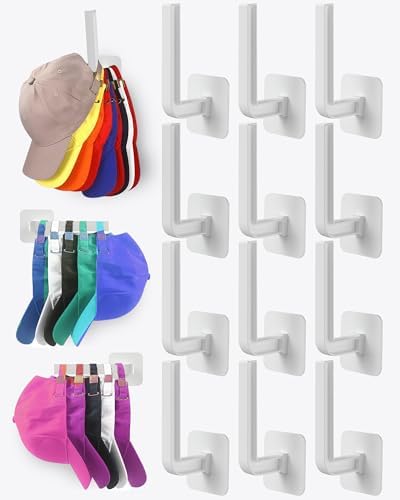Hat Rack for Hat Storage (12-Pack), Multi-Purpose Hat Organizer, Strong Adhesive Hat Hooks for Wall Hat Organizer for Baseball Caps, Two Mounting Options Hat Hook, White by Sunfanie