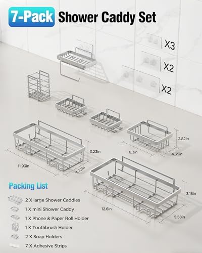 Shower Caddy 7 Pack, Adhesive Bathroom Shower Organizer for Bathroom Storage, No Drilling Large Capacity Rustproof Stainless Steel Shower Shelves Rack for Bath, Silver - Image 6