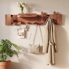 Mid Century Modern Wood Coat Rack Wall Mount with Shelf, 7 Hooks, Walnut - Image 4
