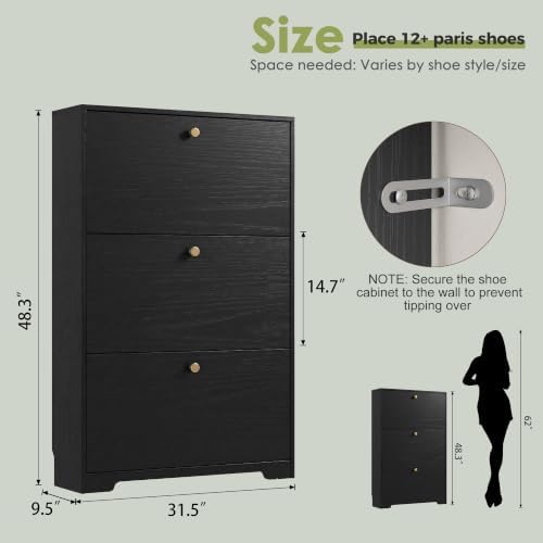 Nicetree Shoe Cabinet with 3 Flip Drawers, Narrow Shoe Organizer Cabinet, Freestanding Shoe Rack Cabinet, Modern Shoe Storage Cabinet for Entryway, Hallway, Foyer, Black - Image 2
