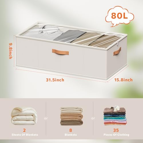 10inch 3 Pack Under Bed Storage Containers, 10 Inch Tall Underbed Clothes Storage Organizer Bin with Clear Window，Foldable Box Basket for Clothes, Closet, Bed Sheets and Blankets White - Image 2