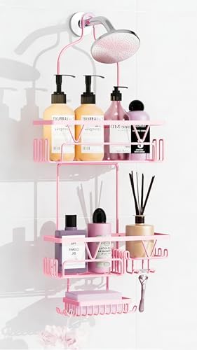 DAOYA Hanging Shower Caddy Over Shower Head, Anti-Swing Shower Organizer For Inside Shower With 2 Soap Holders, Multi Hooks, Rustproof Bathroom Accessories, Pink by DAOYA