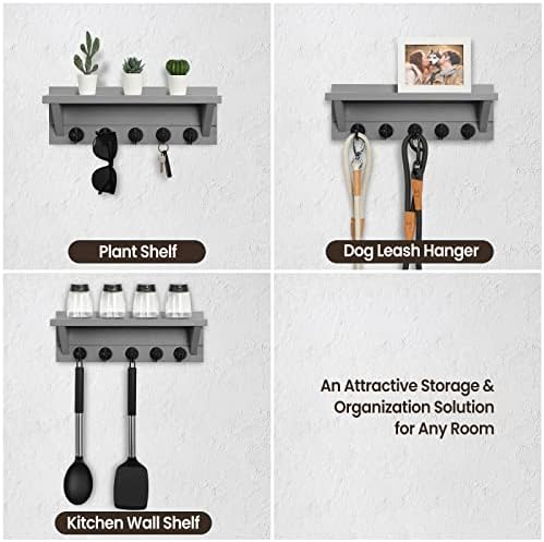 Lwenki Wall Key Holder with Shelf, Rustic Shelf with Hooks Made of Paulownia Wood Holds Keys, Dog Leash, Bags and More - 13.7" W x 4.7" H x 3.5" D Decorative Key Hanger and Entryway Shelf (Gray) - Image 7