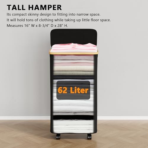 SpaceAid Slim Laundry Hamper with Wheels and Lid,62L Rolling Narrow Clothes Basket with Bamboo Handle, Large Laundry Hamper for Bedroom, Bathroom, Dorm, Laundry Room - Black - Image 5